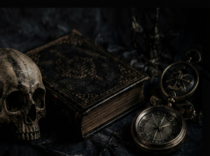 Memento Mori symbolic still life with skull, old book and compass